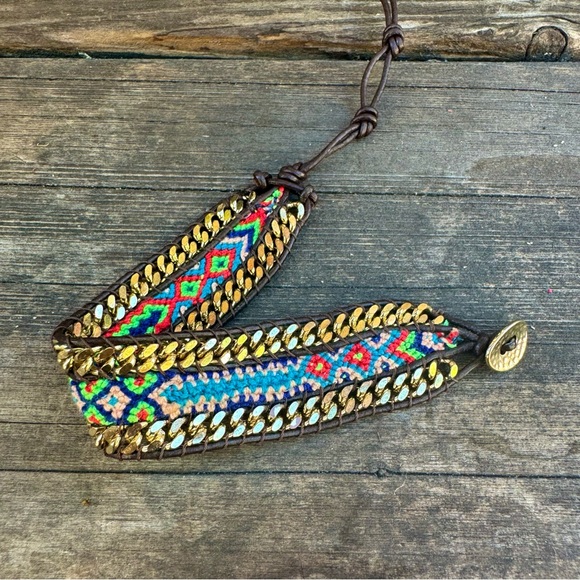 NWOT✨ Boho Western Colorful Macrame Gold Chain & Leather Friendship Bracelet - Picture 10 of 16